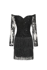 Ludia Lace Sequins Off Shoulder Fringe Mini Dress