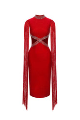 Plume Round Neck Hollow Diamond Bandage Midi Dress
