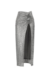 Kaci Flowers Sequin High Slit Maxi Skirt