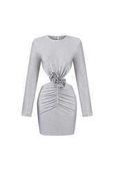 Ella Long Sleeves Flowers Hollow Backless Diamond Mini Dress