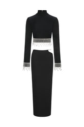Labiny Long Sleeve Choker Tassel Bandage Maxi Two-Piece Set
