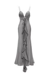 Yvonne Sleeveless V-Neck Flowers Flounce Gray Maxi Dress