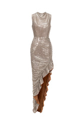 Rivi Choker Sleeveless Slit Flounce Sequin Maxi Dress