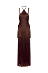 Kivi Bandage Halter Tassel Brown Maxi Dress