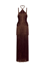 Kivi Bandage Halter Tassel Brown Maxi Dress