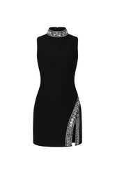 Kianala Bandage Sleeveless High Neck Diamond Slit Mini Dress