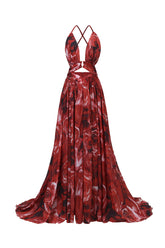 Zem Halter Sleeveless Pearl V-Neck Hollowed Out Print Slit Maxi Dress