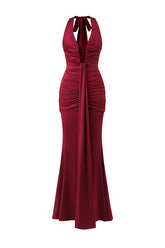 Elsie Halter Sleeveless V-Neck Wrinkles Maxi Dress