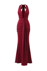 Elsie Halter Sleeveless V-Neck Wrinkles Maxi Dress