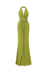 Jalila Sexy Contour V Neck Ruched Knot Slit Knit Maxi Dress
