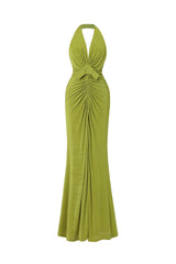 Jalila Sexy Contour V Neck Ruched Knot Slit Knit Maxi Dress