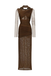 Zimino Long Sleeve Ruched Tulle Maxi Dress