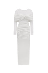 Ingrid Elegant Contour Ruched Mesh Layered Knit Maxi Dress