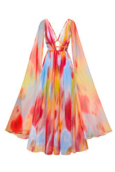 Zelda Sexy Flowy V Neck Cape Sleeve Abstract Print Maxi Dress