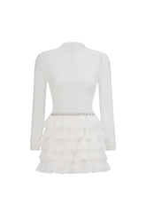 Kerta Classic Contour Crystal Ruffle Mesh White Mini Dress