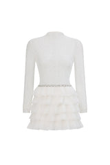 Kerta Classic Contour Crystal Ruffle Mesh White Mini Dress