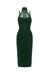 Derya Elegant Contour Halter Mesh Bandage Midi Dress