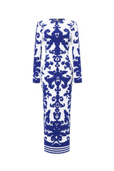 Round Neck Long Sleeve Jacquard Bandage Maxi Dress