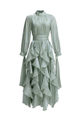 Grasa Elegant Flowy Long Sleeve Pleated Ruffle Maxi Dress