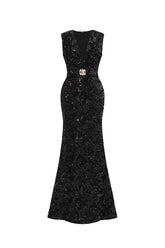 Chic Contour Sleeveless Deep V Metal Buckle Sequin Velvet Maxi Dress