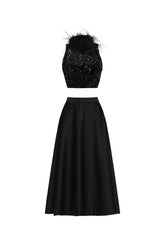 Chic Contonur Sleeveless Feather Sequin Velvet Top and Satin Skirt Set