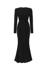 Suri Elegant Contour V Neck Long Sleeve Beaded Fringe Ruched Knit Maxi Dress