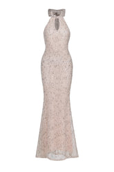 Saslim Chic Contour Halter Cut Out Sequin Maxi Dress