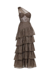 Hedar Romantic Tailored One Shoulder Cut Out Ruffle Embellished Sequin Maxi Dress