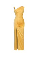 Marcella Chic Contour Asymmetrical Pleated Satin Maxi Dress
