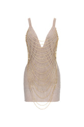 Hunter Sexy Contour Deep V Beaded Chain Chainmail Mini Dress
