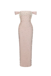 Jaylee Glamorous Off Shoulder Pearl Rhinestone Bandage Maxi Dress