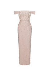 Jaylee Glamorous Off Shoulder Pearl Rhinestone Bandage Maxi Dress