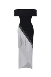 Tata Chic Contour Off Shoulder Fringe Bandage Maxi Dress