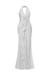 Salla Ruthie Halter-neck three-dimensional flower ruffled cinched waist maxi dress