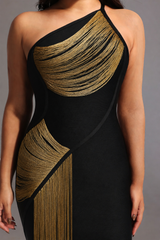 Roanna One Shoulder Sleeveless Golden Tassels Bandage Maxi Dress