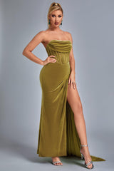 Lamva Corset Velvet Slit Maxi Dress - Yellow