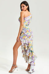 Floral Slanted Shoulder Long Sleeve Ruffle Irregular Maxi Dress - Purple