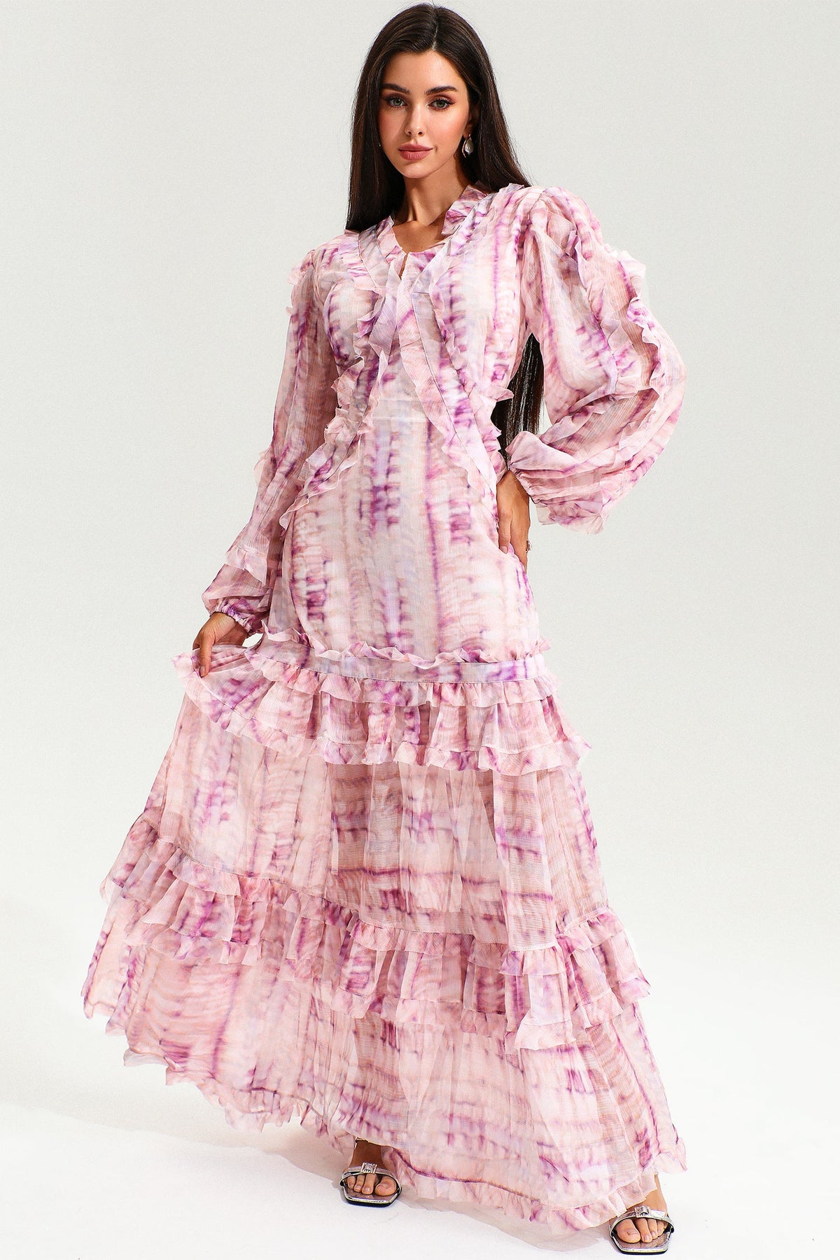 V-Neck Lace Puff Sleeve Tiered Ruffle Hem Maxi Dress