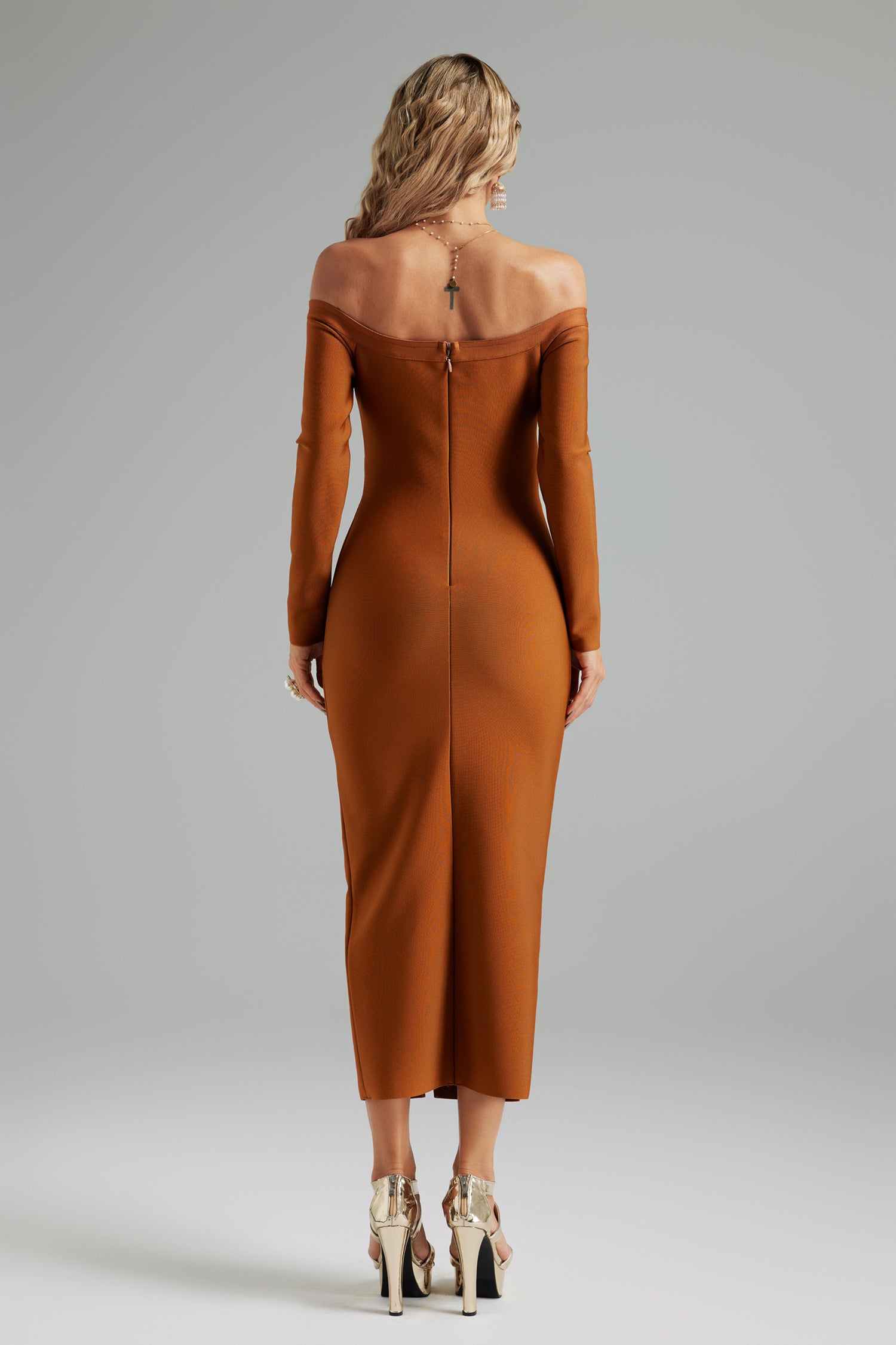 Eliana Straight Shoulder Long Sleeves Bandage Midi Dress