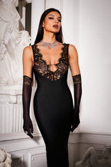 Janano Lace Deep V Maxi Dress - Black