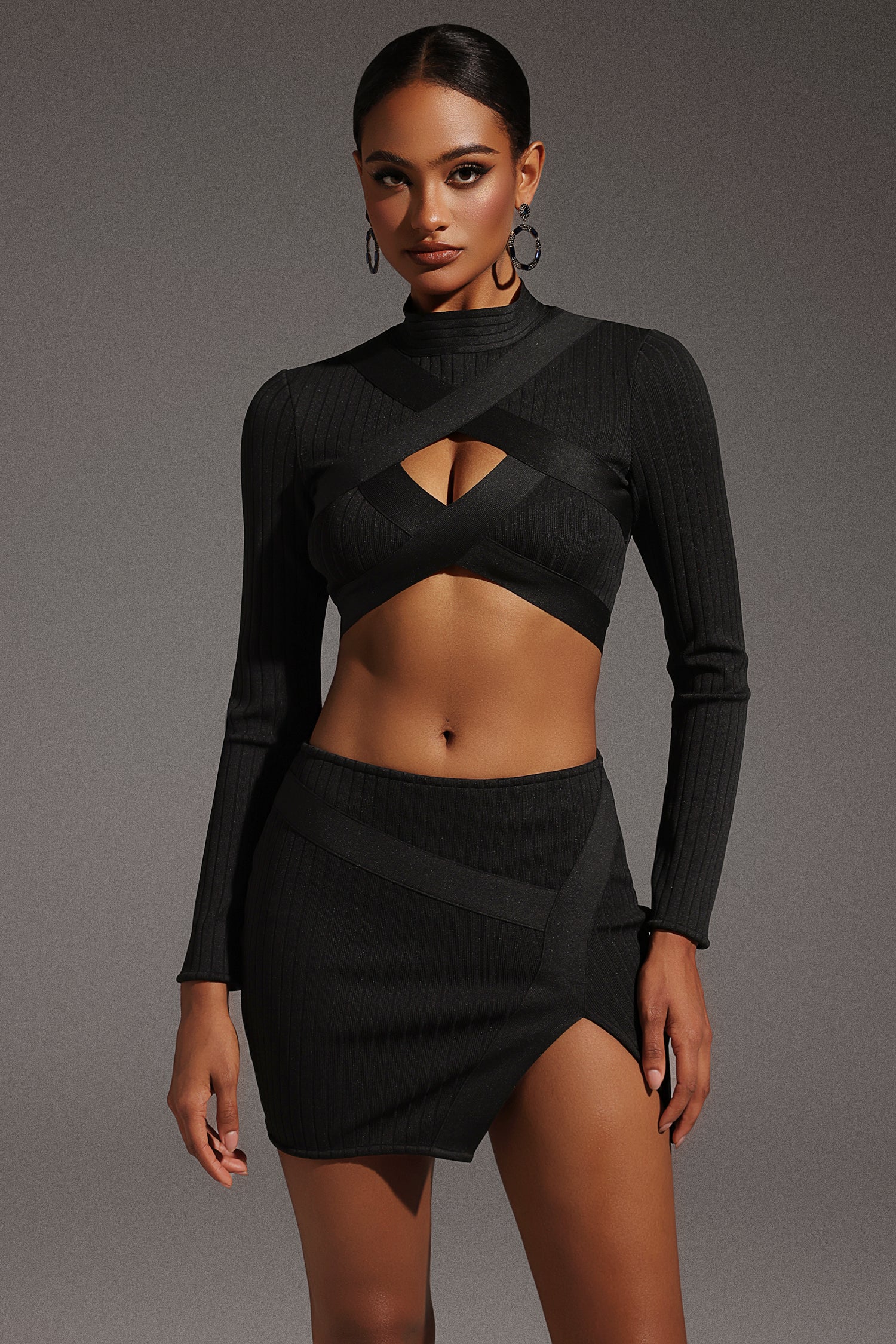 Sinai Long Sleeves Hollow Out Slit Bandage Mini Two-Piece Set
