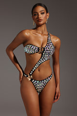 Siayh One Shoulder Hollow Out Diamond Mini Swimwear