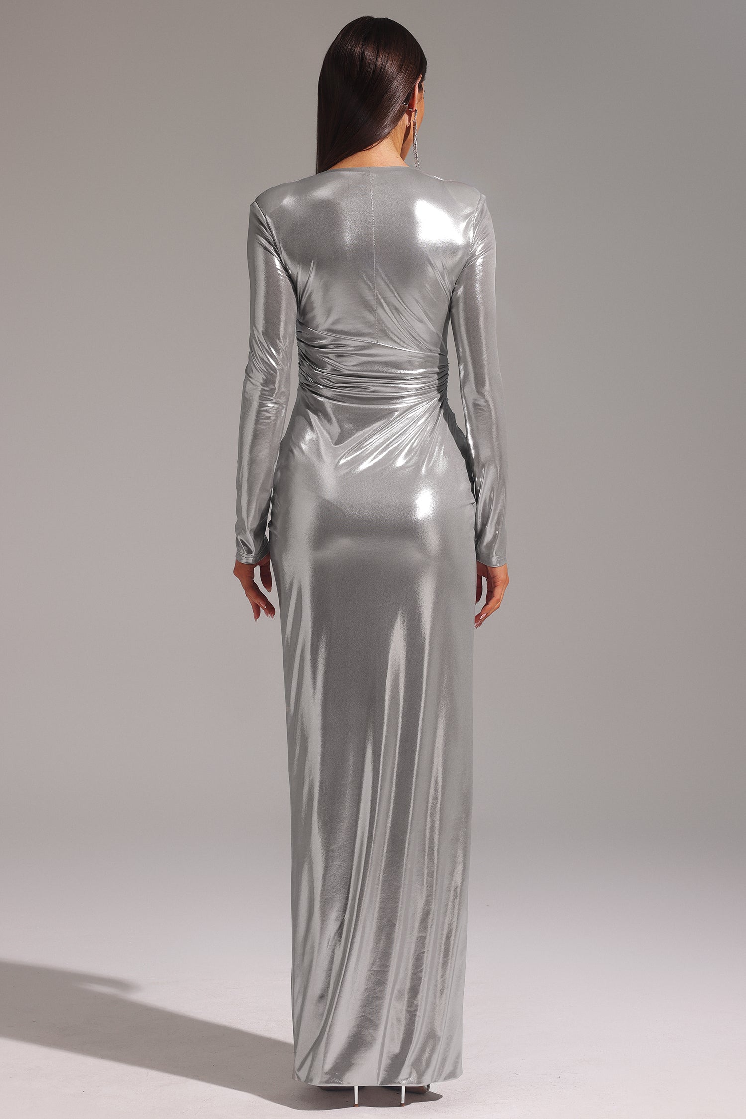 Linka Deep V Long Sleeve Shirr Maxi Dress