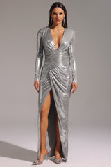 Linka Deep V Long Sleeve Shirr Maxi Dress