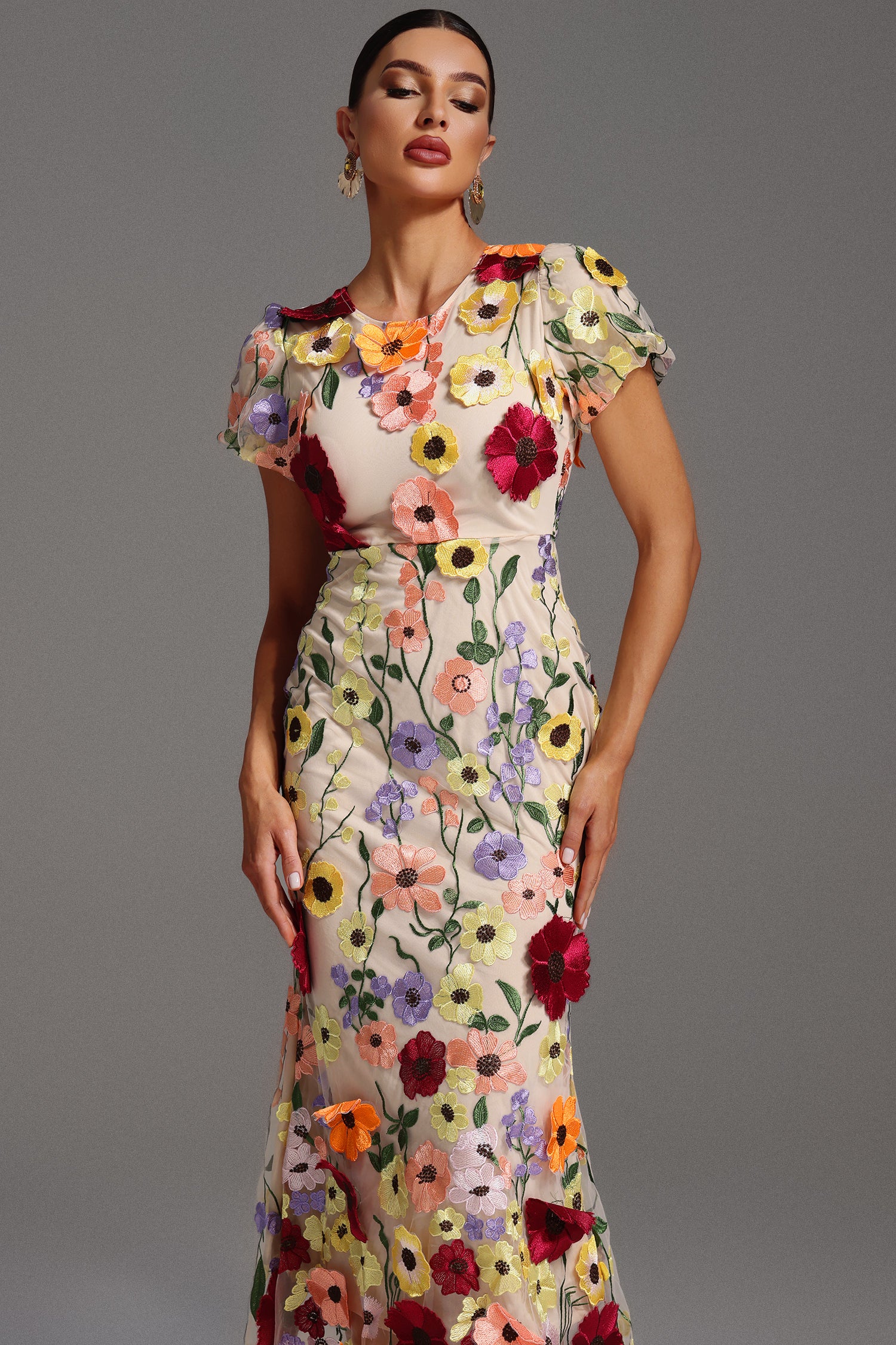 Naya Short Sleeve Round Neck Flowers Fishtail Midi Dress