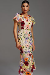 Naya Short Sleeve Round Neck Flowers Fishtail Midi Dress