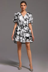 Laly Short Sleeve V-Neck Flowers Mini Dress