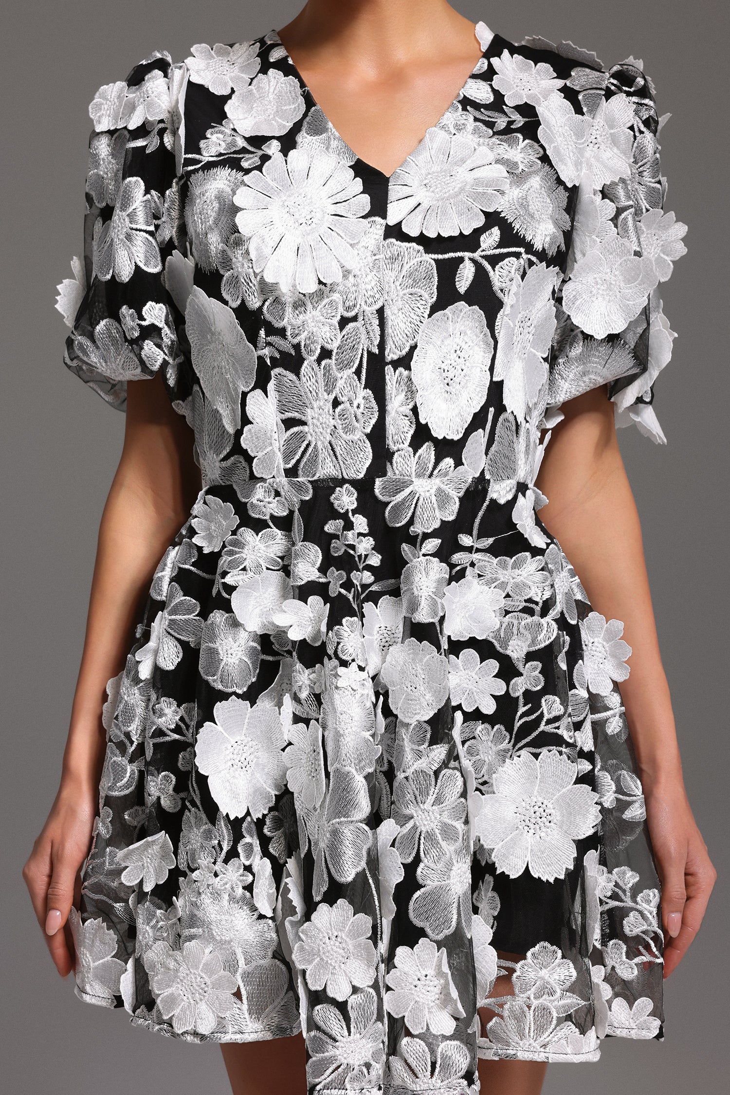 Laly Short Sleeve V-Neck Flowers Mini Dress