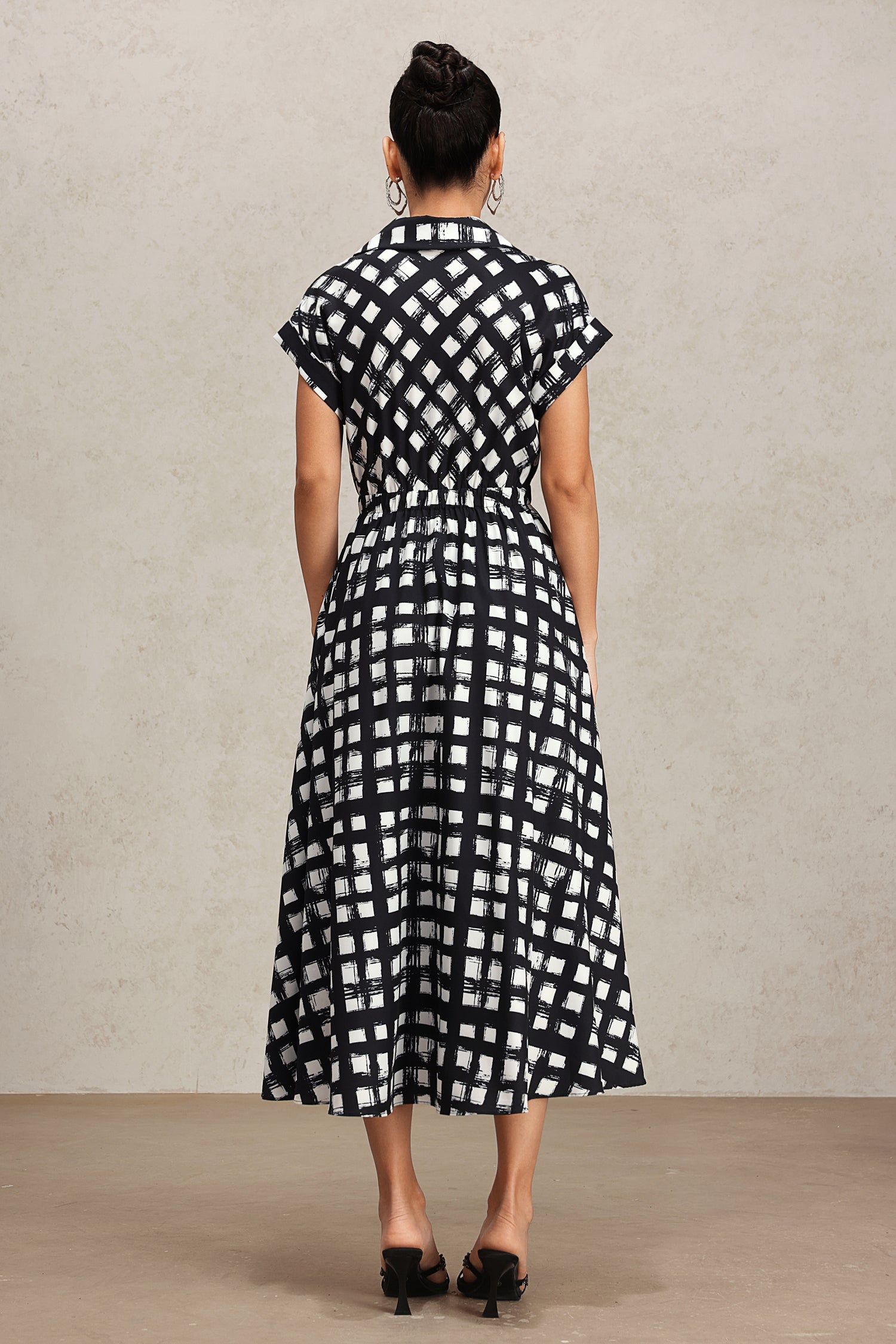 Ivory Lapel Printed Short Sleeve Shirt Midi Dress