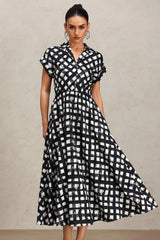 Ivory Lapel Printed Short Sleeve Shirt Midi Dress